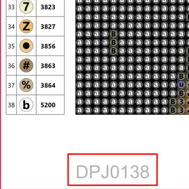 Timanttimaalauksen tuotekoodi DPJ0138 pohjakankaan alareunassa